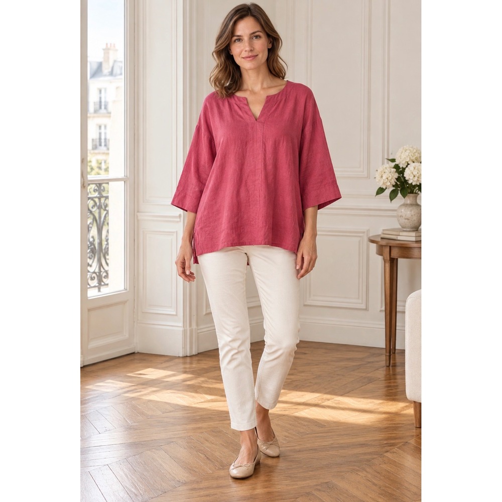Lands End Pink Linen Blend V-Neck 3/4 Sleeve Tunic Top XXL Pockets Lagenook